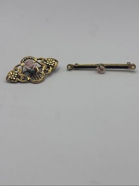 Gold-Tone Pink Rose Porcelain Accent Brooch and Pin Set